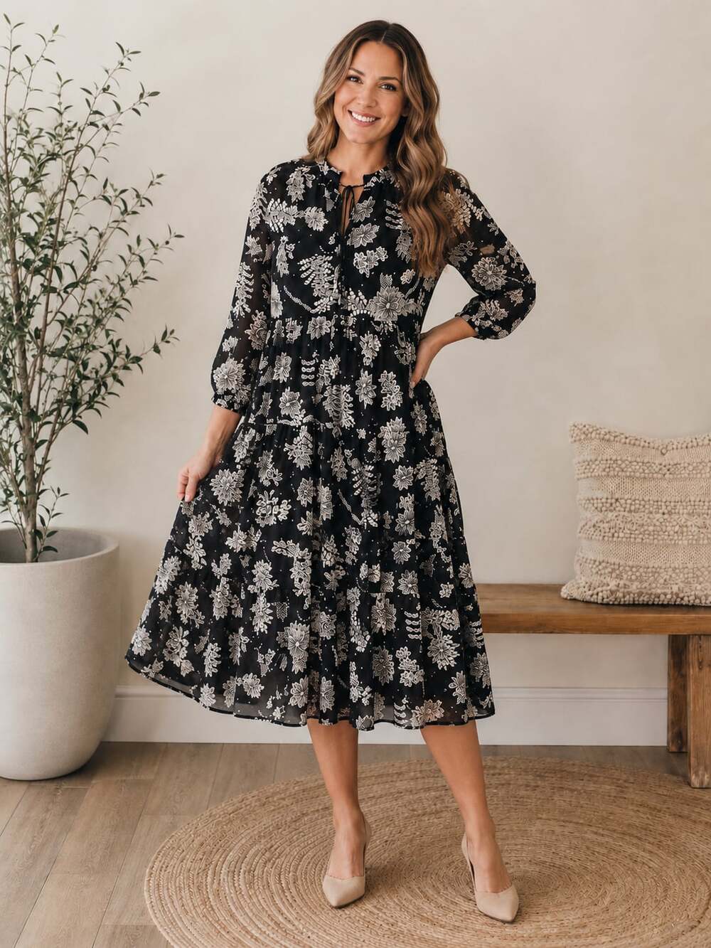 Polagram Women Black and White Floral Tiered Long Sleeve Dress Tassels 3XL